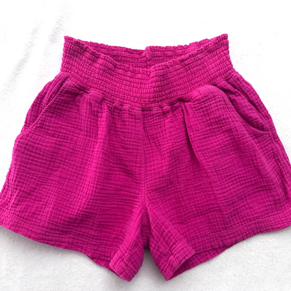 Three Dots S Cotton Gauze High Waist Smocked Casual Shorts Pull On Hot Pink